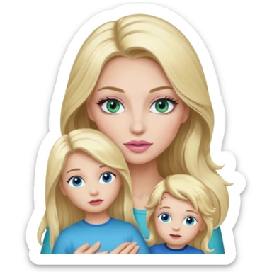 Blonde baddie with long hair Pretty makeup long lashes blue-green eyes ,   light pink lips ,holding little Boy, with blue eyes sticker