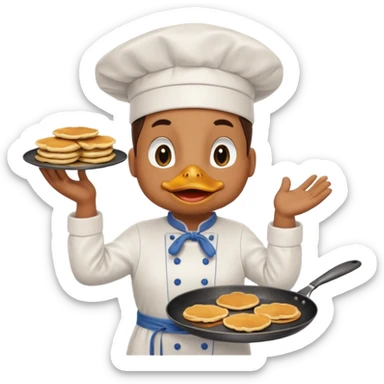 A chef duck wearing a tiny apron, flipping pancakes on a pan sticker