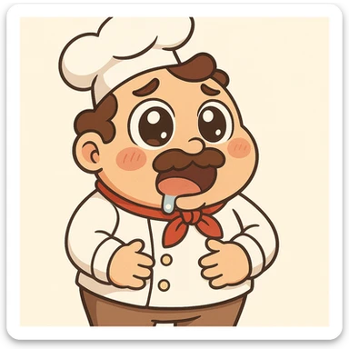 Make the chef look extremely hungry with big eyes, drooling, clutching his stomach, cartoon style with a light background. sticker