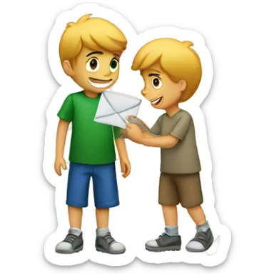 a boy giving his friend a letter sticker