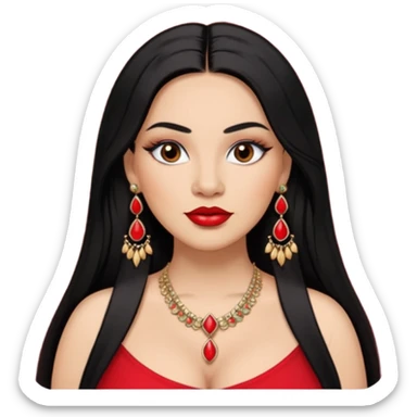 Mexican Light skin brown eyes glamorous full figured women black long straight hair red lips necklace and earrings long lashes sticker