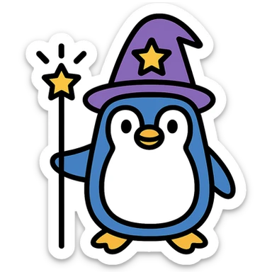 Create a color outline icon style image of a penguin wizard with eyes open, keeping the transparent background as in the original image. sticker