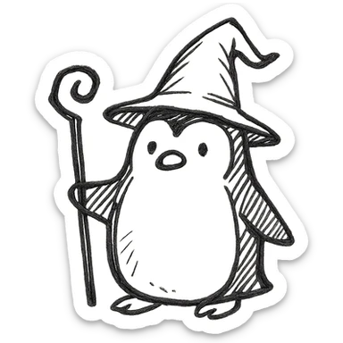 hand-drawn black outline icon of a penguin wizard with a hat and staff sticker