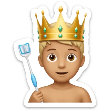 Creat an emoji for child with wearing small crown and flying holding toothbrush sticker