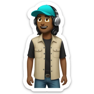 Generate an emoji of a guy wearing a turquoise cap with long black hair, a black unbuttoned shirt, and a solid beige undershirt. He is in headphones.  sticker