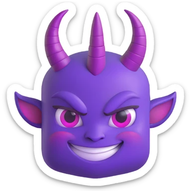 A mischievous purple devil emoji with a sly, confident smile and raised eyebrows, glowing purple horns, smooth gradient shading, minimalistic and glossy 3D cartoon style sticker