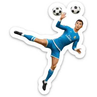 Ronaldo doing a bicycle kick with football in mid air While wearing a Retro blue Real madrid kit  sticker