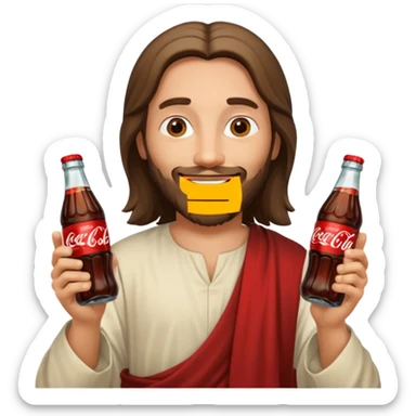 Иисус счастливый дережит в двух руках бутылочки с coca-cola 0,3 sticker