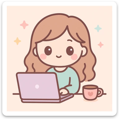 woman working on a laptop with coffee, kawaii cartoon style sticker