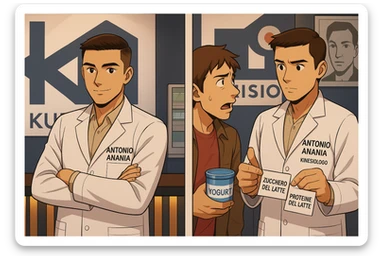 fai un webtoon manga a colori con questo stile, in cui un uomo ASCOLTA Il kinesiologo con il camice bianco (fagli anche la scritta "ANTONIO ANANIA" SUL CAMICE, IL KINESIOLOGO SPIEGA ALL'UOMO UNA COSA TENENDO DUE FOGLIETTINI IN MANO, UNO CON LA SCRITTA "ZUCCHERO DEL LATTE" E UNA CON LA SCRITTA "PROTEINE DEL LATTE". L'UOMO OSSERVA LO YOGURT CHE HA IN MANO CON ESPRESSIONE DUBBIOSA IN VOLTO. non fare i fumetti però, fai solo in modo che sembri stiano parlando sticker