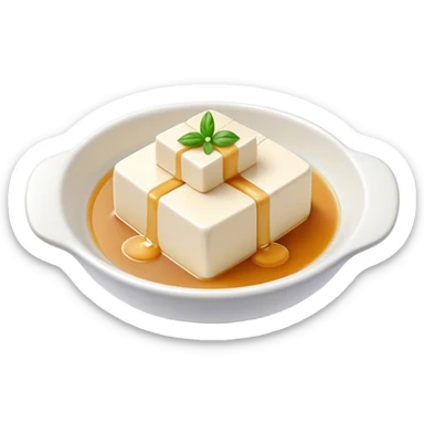 Cinematic Realistic Silken Tofu Dish Emoji, depicted as soft, smooth tofu in a delicate sauce rendered with lifelike detail and gentle, natural lighting. sticker