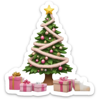 A decorated Christmas tree with snow on and pink and beige presents infront  sticker