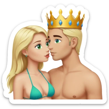 Blonde Queen Green eyes with crown in Bikini kissing Male subject without crown dark Hair blue eyes sticker