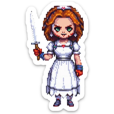 Chucky's bride with a mischievous expression holding a knife in pixel art style sticker