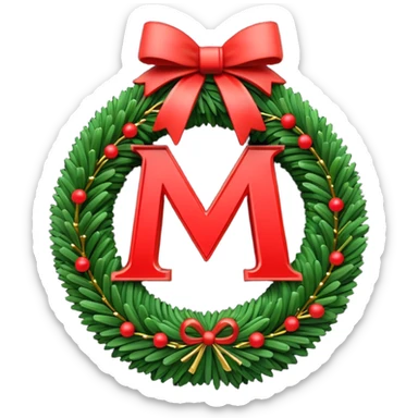 3D emoii of the iconic Moscow Metro "M" logo, reimagined as a Christmas wreath. Made of green pine needles, decorated with small red ornaments and glowing golden LED sticker