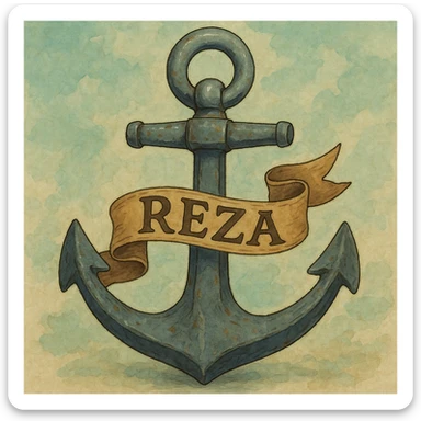 ghibli style ship anchor with 'Reza' design sticker