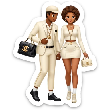 Man living his dream with a pretty Brownskin big booty woman wearing a Chanel outfit and Chanel bag. The man has on an Off-White outfit down to the shoes and socks sticker
