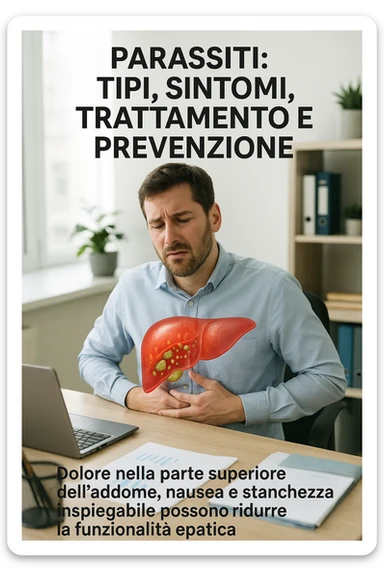 Man sitting at office desk experiencing subtle symptoms of liver dysfunction, upper abdominal pain, nausea, and unexplained fatigue Parasites: Types, Symptoms, Treatment & Prevention, expression of confusion about vague health issues, liver shown in transparent overlay with early inflammation, toxins beginning to accumulate in bloodstream, productivity declining as liver struggles to filter properly in italiano sticker