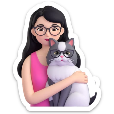Skinny woman with oval glasses, long straight black hair, pink cheek blush, wearing white sleeveless top, hugging a grey Persian-Angora cat, plain background sticker