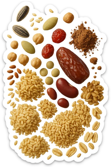 semi, frutta secca, legumi, cereali integrali, cacao amaro fluttuano in aria , iperrealistici 4k sticker