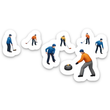 An icon showing a curling match on an indoor ice stadium, with a polished curling stone gliding toward the target and players sweeping. Spectators watch from stands, and flags hang above the rink. Transparent background highlights strategy and focus in the sport of curling. sticker