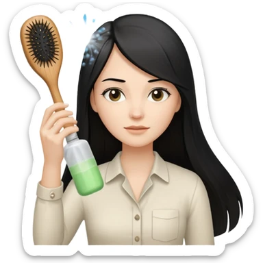 A white woman with long, straight black hair, wearing an ivory-colored shirt, holding a small square wooden paddle hairbrush in her left hand and spraying a hair mist bottle with her right hand toward her hair. sticker