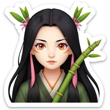 Nezuko with long black hair with orange tips, pink eyes, bamboo muzzle in mouth sticker