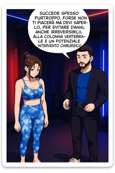 fai questa immagine in versione fumetto/manga/webtoon a colori, il manga mostra l'uomo che risponde alla donne:
Succede spesso purtroppo. 
Forse non ti piacerà ma devi saperlo, per evitare danni, anche irreversibili, alla colonna vertebrale e un potenziale intervento chirurgico. sticker