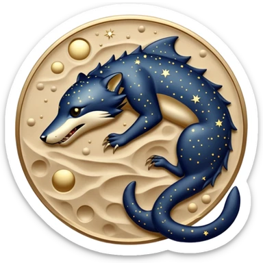 A nocturnal predator with a body resembling polished bronze plates that absorb moonlight, featuring constellation patterns that rearrange themselves to hypnotize prey before it strikes from beneath the sand. sticker