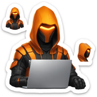  developer behind his laptop with this style : crysis Cyberpunk Valorant orange glowing bright orange character orange black hooded assassin themed character sticker