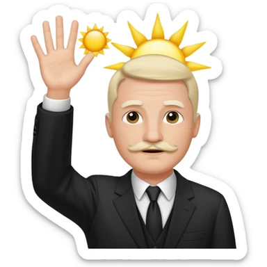 Adolf h , wearing suit and mustache short like charlie chaplin. Raising his hand to sun sticker