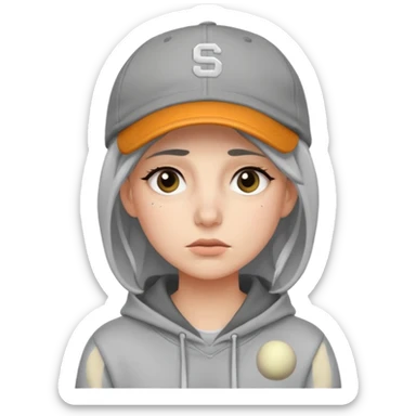 Female tech developer going back to work after christmas holidays, looking tired and wearing a hoodie and a baseballcap that says "S V T" sticker