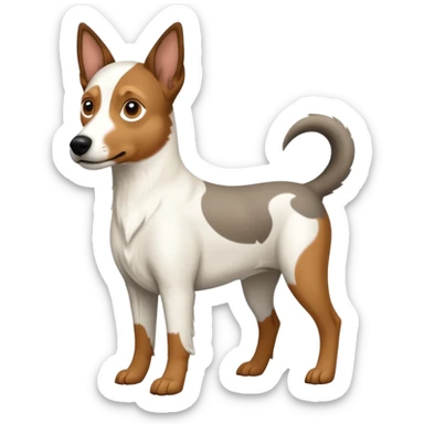 a full body large white floppy eared parson russell looking dog the size of a kelpie with light brown ears and a light brown patch on one eye and a large snout sticker