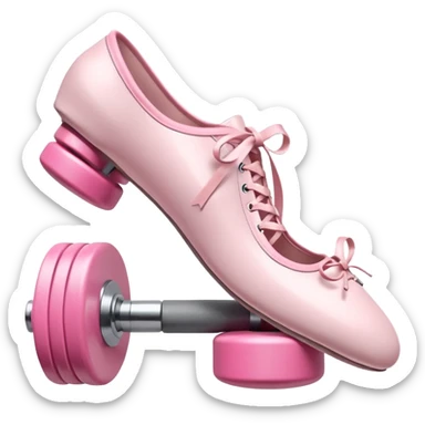 A high-quality 3D icon of pink ballet shoes next to a grey dumbbell. Soft studio lighting, cute and glossy texture. sticker