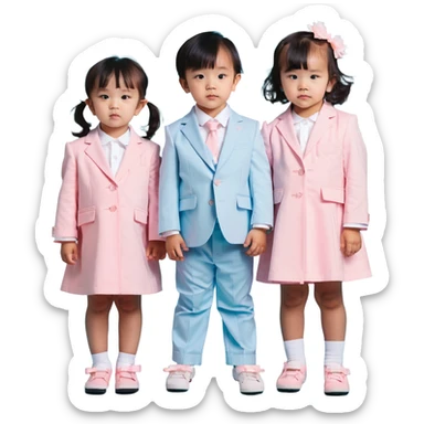 triplet toddlers with two girls in pastel pink clothes on each side and a boy in pastel blue suit in the middle sticker