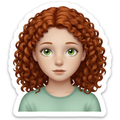 pale teen girl with light green eyes and freckles that has curly auburn hair in a middle part sticker