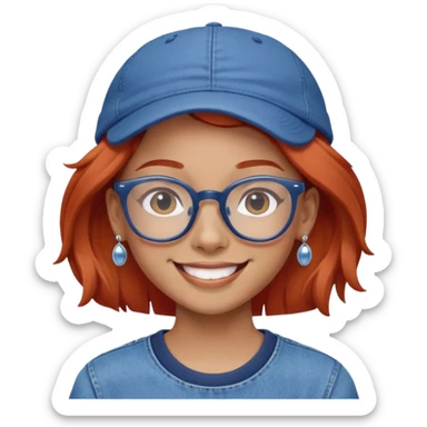 Young person with red hair, glasses, earrings and a wonderful smile, wearing blue clothes, jeans and a cap sticker
