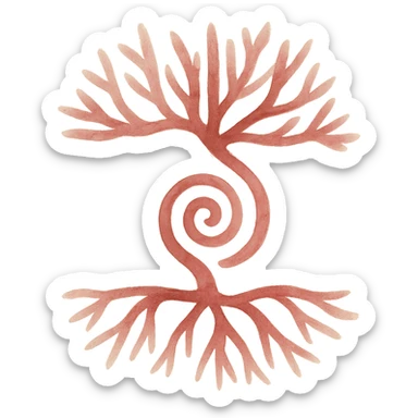 Stylized tree of life with a swirl in the center as in the reference. Use red and burgundy shades with smooth lines and a light watercolor blur effect. Minimalist style without additional symbols around. Transparent background. sticker