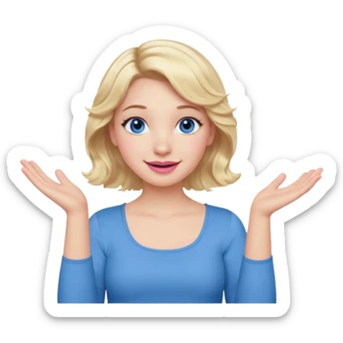 Girl Blonde short wavy hair,  blue eyes, cute blue top, long lashes, pink lips, smiling, shrugging hands raised sticker