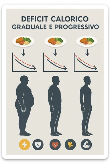 una sequenza di tre sagome umane affiancate, ognuna rappresenta una fase diversa di perdita di peso graduale. Sopra ogni figura, un piatto mostra porzioni di cibo bilanciate ma leggermente ridotte. Frecce e grafici illustrano una diminuzione lenta e costante dell’apporto calorico giornaliero, con icone che rappresentano energia, salute e mantenimento della massa muscolare. Sfondo pulito e moderno, con etichette chiare che spiegano “deficit calorico graduale e progressivo” in italiano sticker