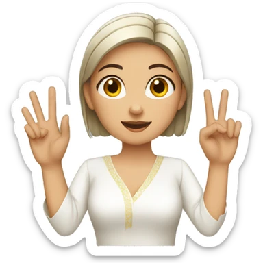 A lady with white kurti showing three fingers in one hand sticker