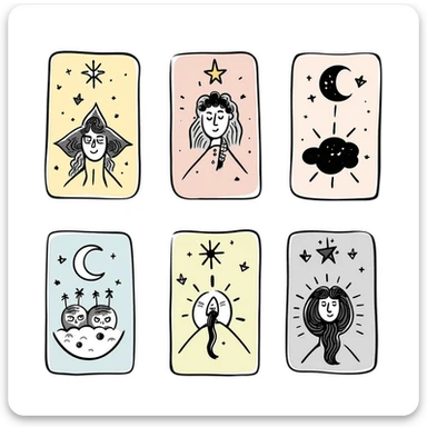 Tarot cards with mystical symbols in pastel colors (dd9fb0, ffc6d3, a3bfc9, c4bee2, f1b091), hand-drawn doodle style sticker