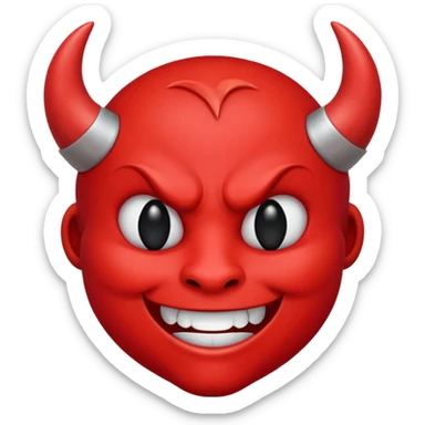 CARTOON STYLE EMOJI of a RED DEVIL FACE with small HORNS pointing up, BLACK EYES, and a MISCHIEVOUS SMILE. The entire face is RED with a smooth glossy texture. BACKGROUND is PURE WHITE, clean and simple. sticker