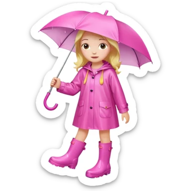 Girl in Pink wide dress raincoat pink rainboots in rain sticker