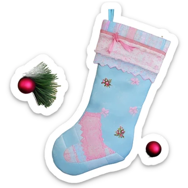 Coquette/cottage style Christmas stocking with pastel blue and pink patchwork mini floral patterns and a pink bow sticker
