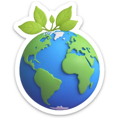 A single green leaf resting gently on top of a vibrant, round Earth globe. The focus is on the leaf and the globe with a simple background and soft natural lighting sticker