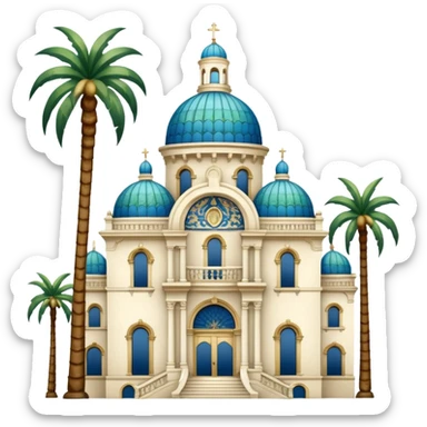 California Building with ornate blue, gold, and green tile dome and adjoining slender California Tower, ornate tiers with arched openings, balustrades, decorative baroque stonework, Spanish Colonial Revival style, palm trees, simple sticker