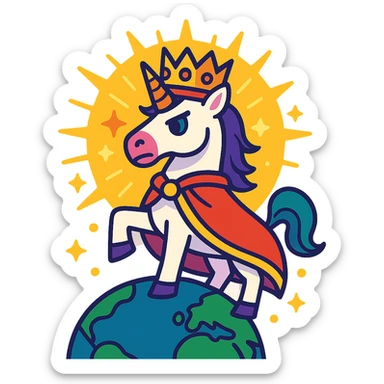 regal unicorn king with a crown surrounded by a luminous aura standing as the conqueror of the world sticker