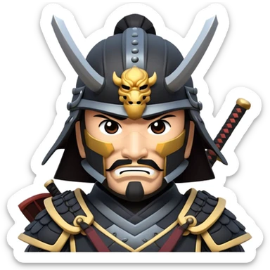 clash-of-clans-aesthetic_-cinematic-fearsome-and-majestic-samurai-bust-portrait-emoji, rendered in a flat, vector-style with minimal shading and bold, simplified shapes typical of emoji art, depicting a battle-hardened samurai with black mask and traditional black Japanese armor. The samurai is riding a noble grey warhorse adorned with an intricately designed saddle and fluttering banners and a rising sun. a samurai on a   horse sticker