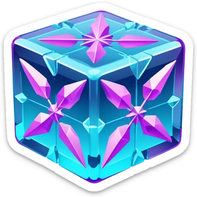 Futuristic glowing ice crystal cube, icy neon cyan highlights, purple neon accents, dark background, digital tech style. sticker